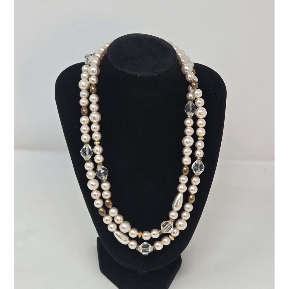 Vtg Faux Pearl Crystal Necklace Single Strand Signed Joan's Collectables